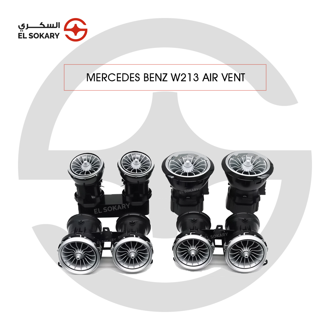 A specialized dual rear turbine air vent unit for the Mercedes-Benz W213, featuring a silver chrome finish and integrated ambient lighting capability.
