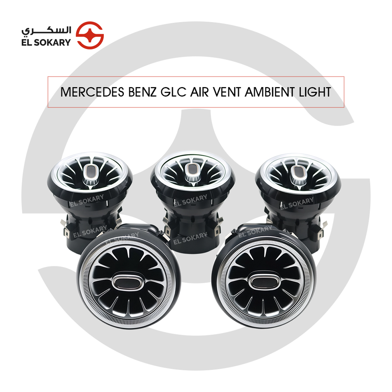 Mercedes-Benz GLC turbine-style circular air vents with chrome trim and integrated ambient lighting capability, shown in a professional product layout.