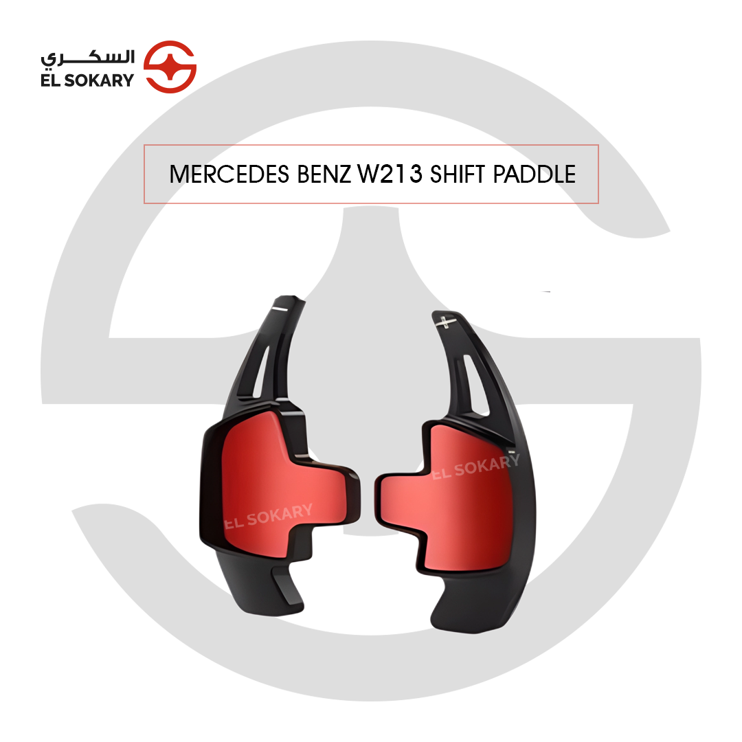 Mercedes-Benz W213 pair of vibrant Black aluminum steering wheel shift paddle extensions designed for the , featuring a sleek ergonomic shape and "+" and "-" gear indicators.
