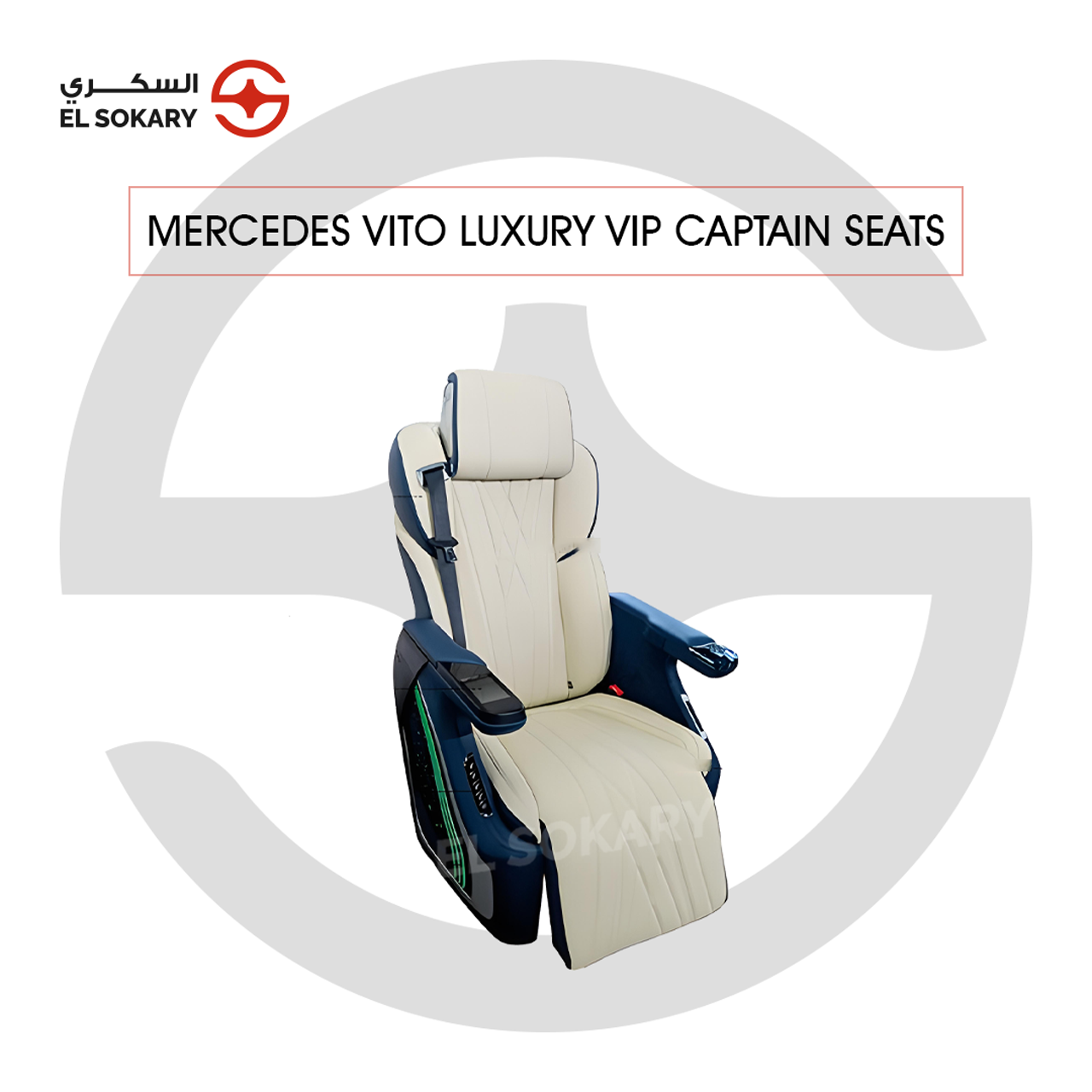 A black leather VIP captain seat with diamond quilting designed for a Mercedes-Benz Vito luxury van interior conversion.