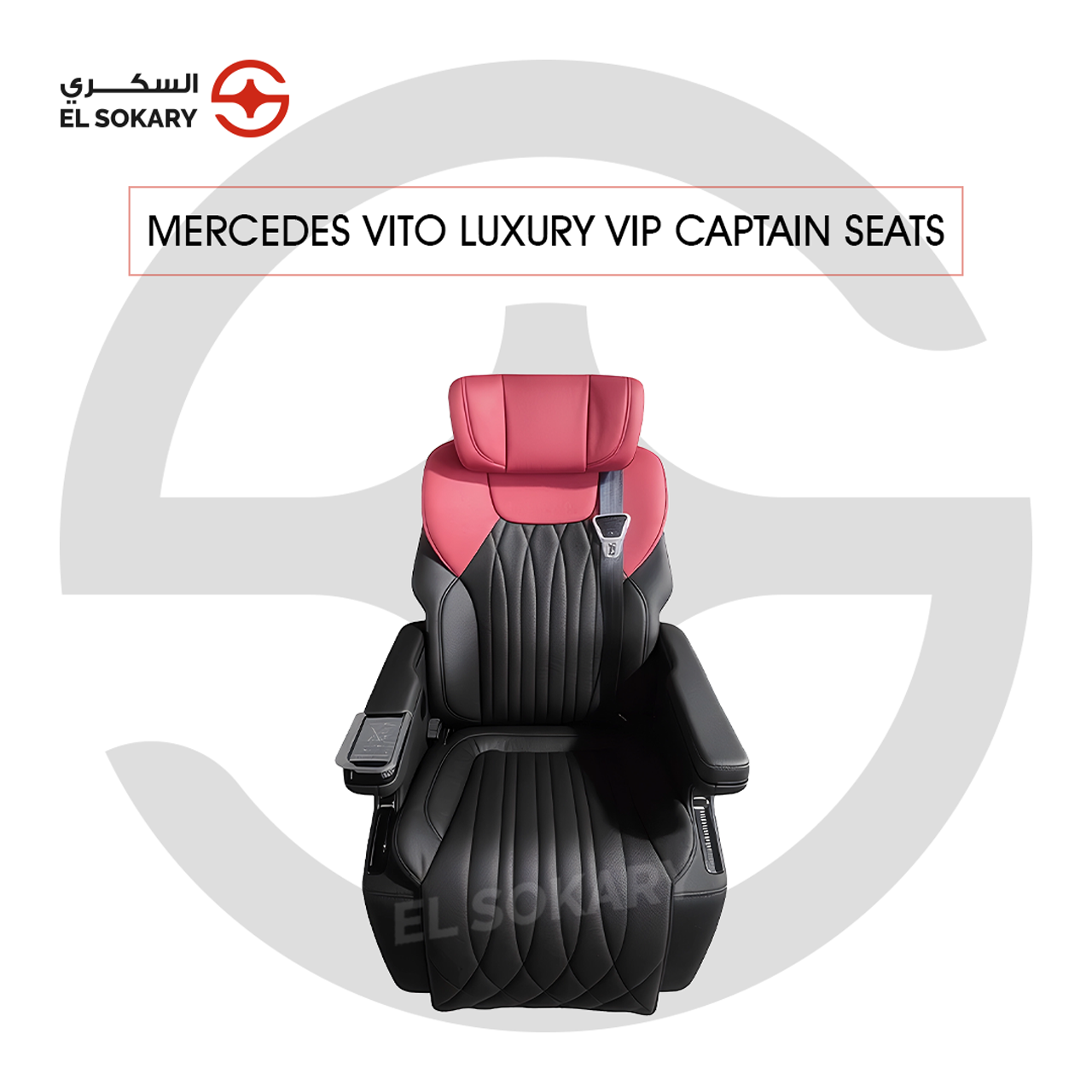 A black leather VIP captain seat with diamond quilting designed for a Mercedes-Benz Vito luxury van interior conversion.