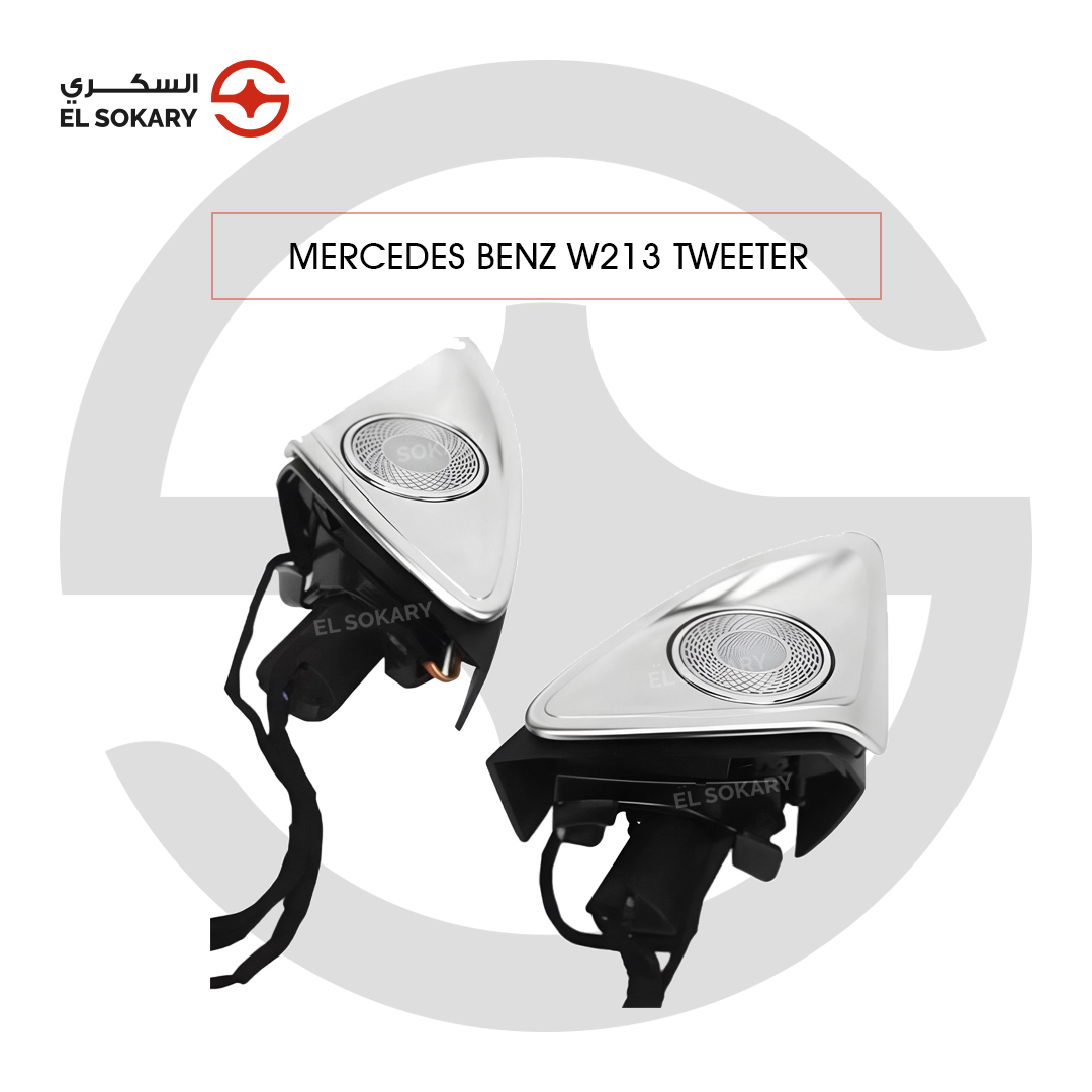 A pair of Mercedes-Benz W213 3D New-Style rotating tweeters with polished silver grilles and vibrant pink illuminated LED rings