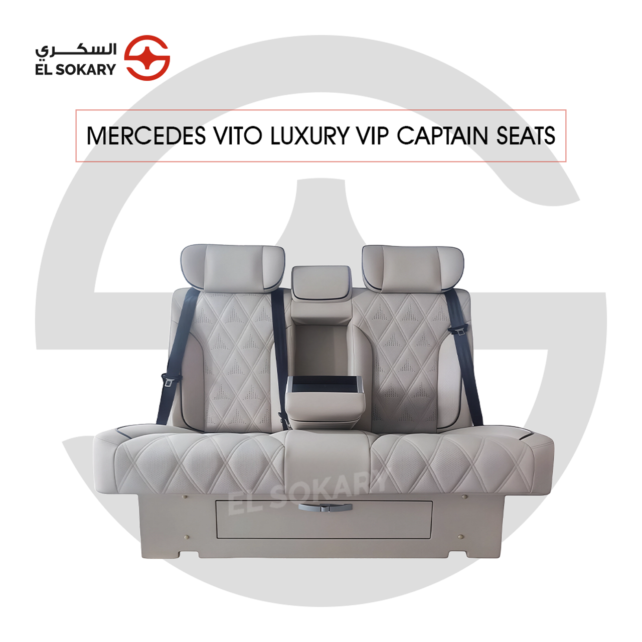 A black leather VIP captain seat with diamond quilting designed for a Mercedes-Benz Vito luxury van interior conversion.