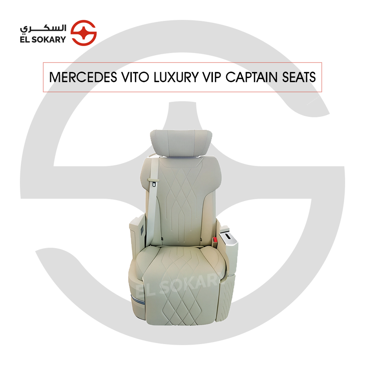 A black leather VIP captain seat with diamond quilting designed for a Mercedes-Benz Vito luxury van interior conversion.