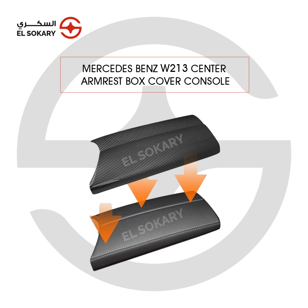 Two images showing carbon fiber style interior upgrades for a Mercedes-Benz W213: one featuring the armrest release button switch trim and the other demonstrating the fitment of the center armrest box cover.
