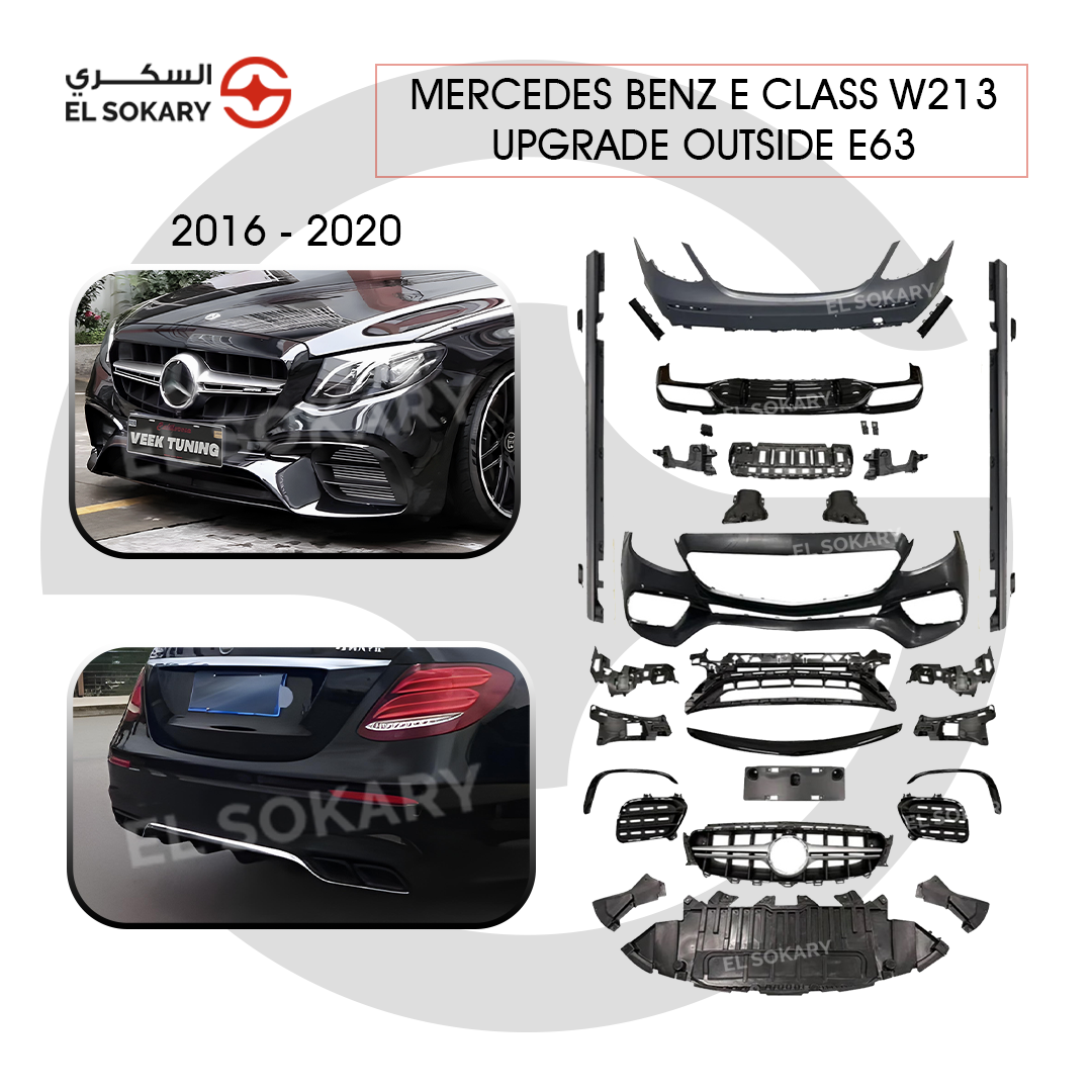 Main Image: Mercedes W213 E-Class to E63 AMG Full Conversion Body Kit - El Sokary Store.
 
 Grille Image: Front Sport Grille E63 AMG Style for Mercedes W213.
 
 Rear Bumper Image: Rear Bumper and Diffuser with Exhaust Tips for Mercedes E-Class.