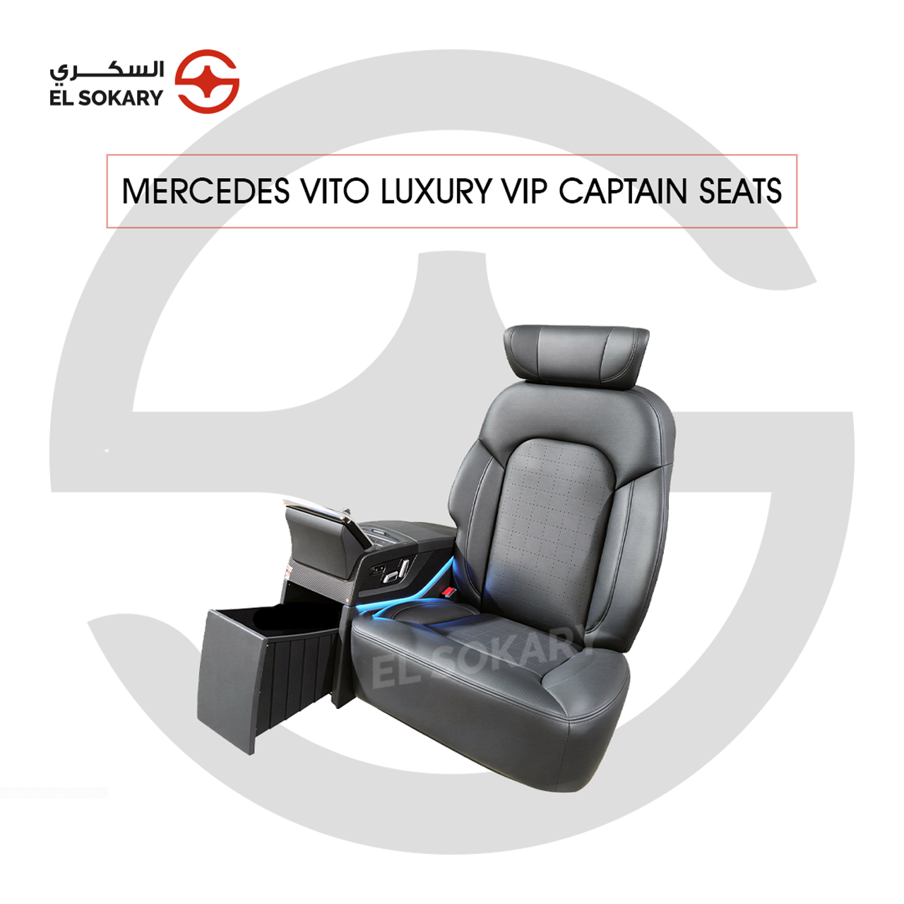 A black leather VIP captain seat with diamond quilting designed for a Mercedes-Benz Vito luxury van interior conversion.