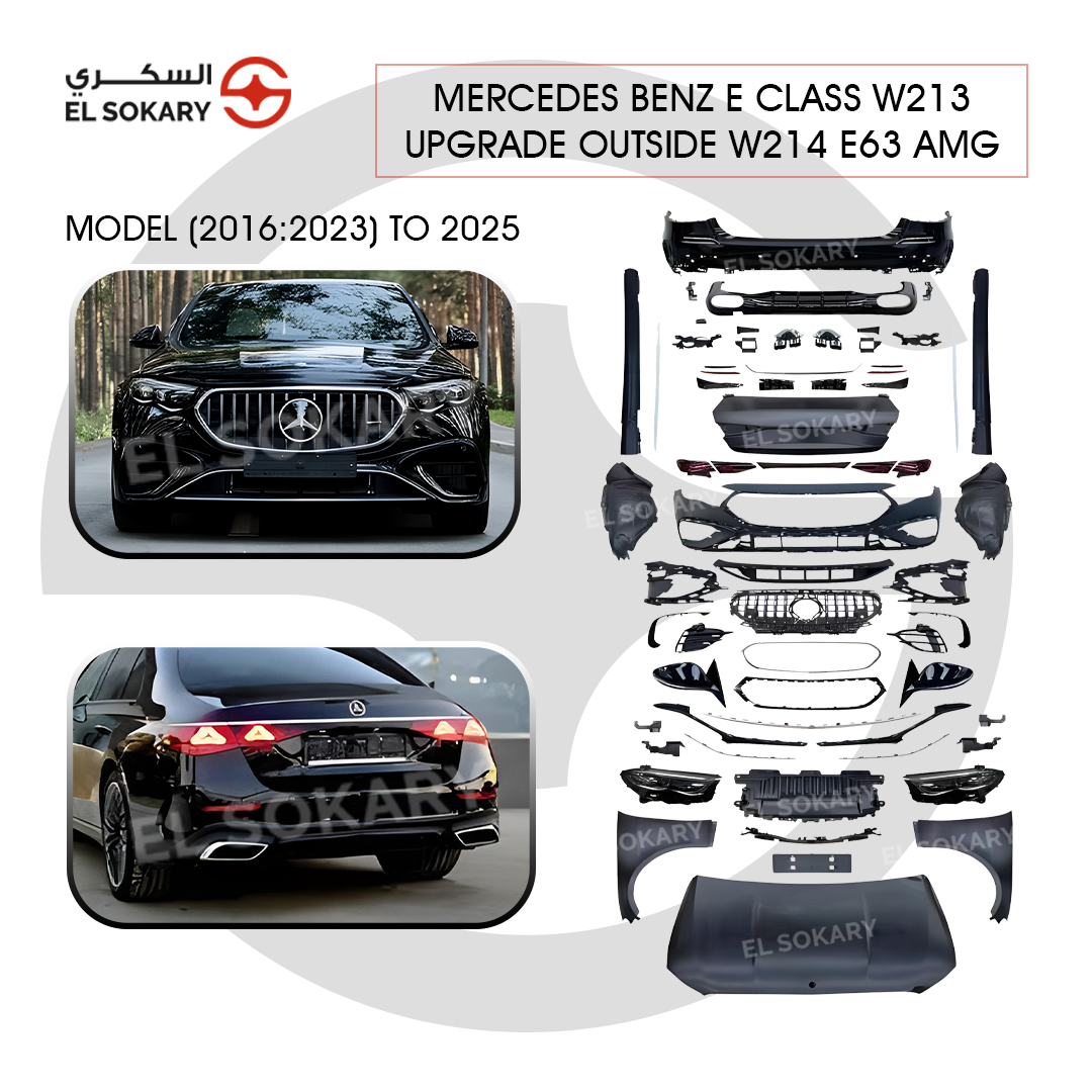 Exploded view of a Mercedes-Benz W213 to W214 AMG exterior conversion kit including bumper, grille, hood, and LED lighting components.