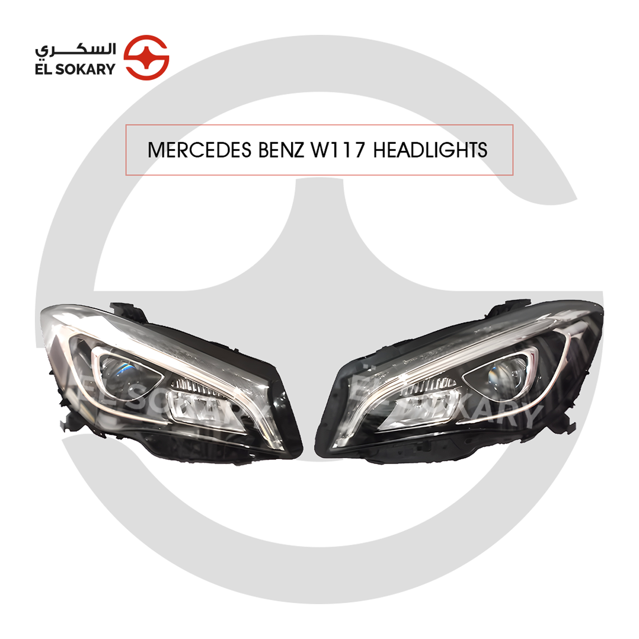 A pair of high-performance Mercedes-Benz W117 LED headlights featuring integrated white LED daytime running light strips and dual-projector lenses in a black and chrome housing.