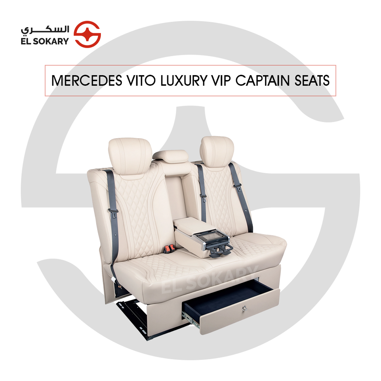 A black leather VIP captain seat with diamond quilting designed for a Mercedes-Benz Vito luxury van interior conversion.