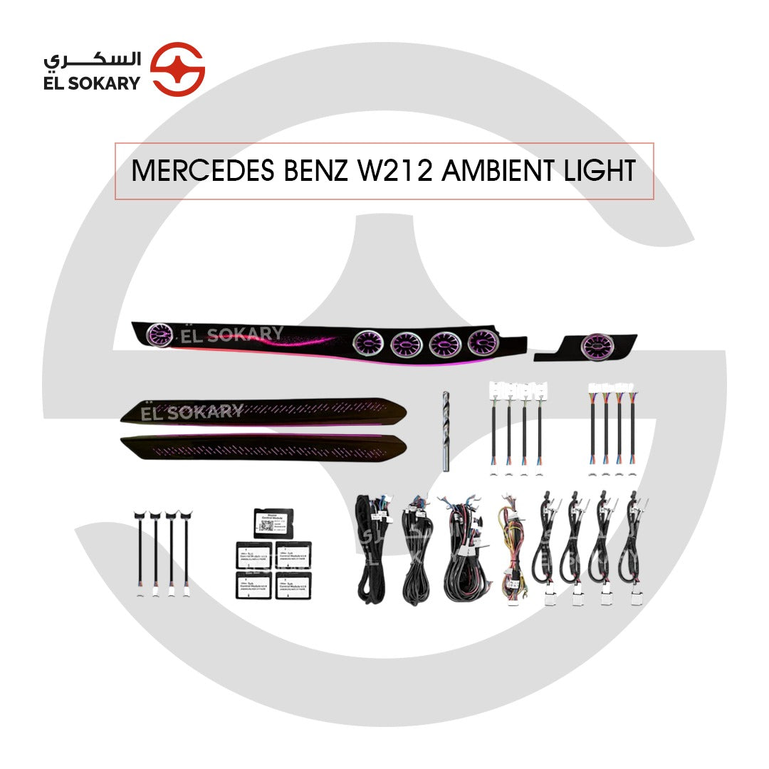 Main Image: Full interior multi-color ambient lighting setup for Mercedes-Benz W212.
 
 Detail Image: High-quality LED ambient light strips and modules for W212 dashboard upgrade.
