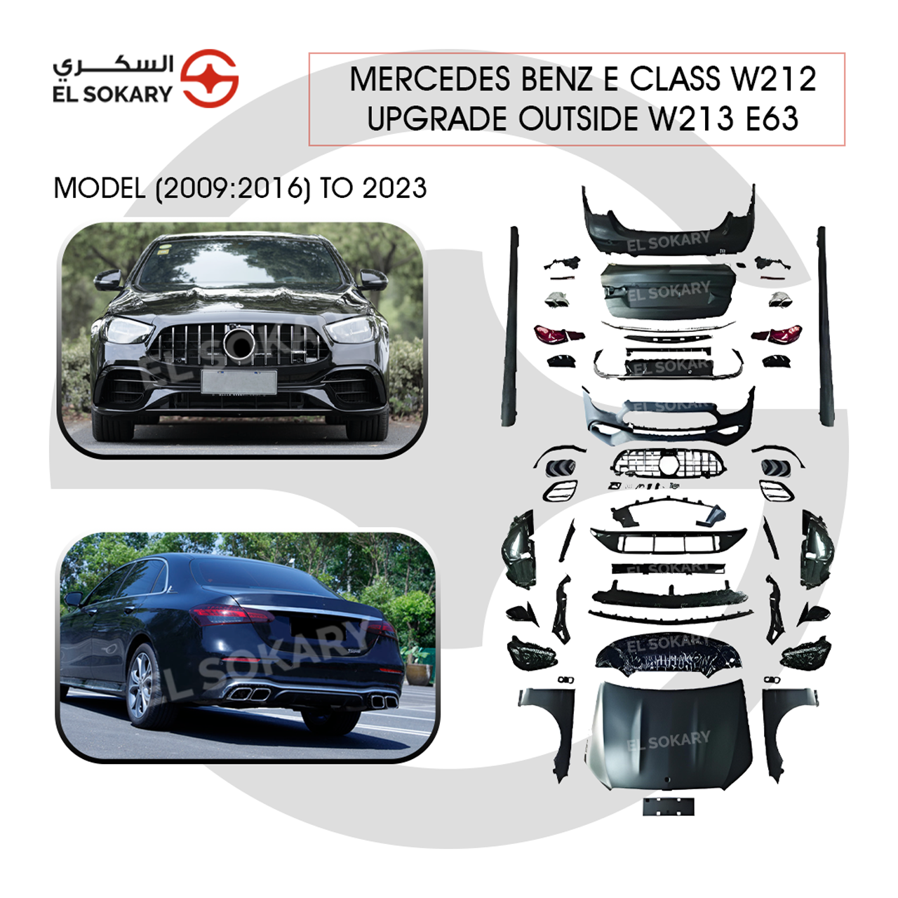 Main Image: Full transformation kit for Mercedes W212 to W213 generation style.
 
 Front Image: Mercedes W212 converted to W213 front bumper and LED headlights.
 
 Rear Image: W213 style rear conversion for Mercedes E-Class W212 chassis.