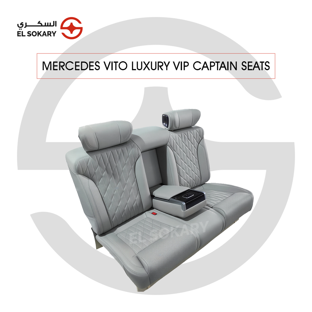 A black leather VIP captain seat with diamond quilting designed for a Mercedes-Benz Vito luxury van interior conversion.