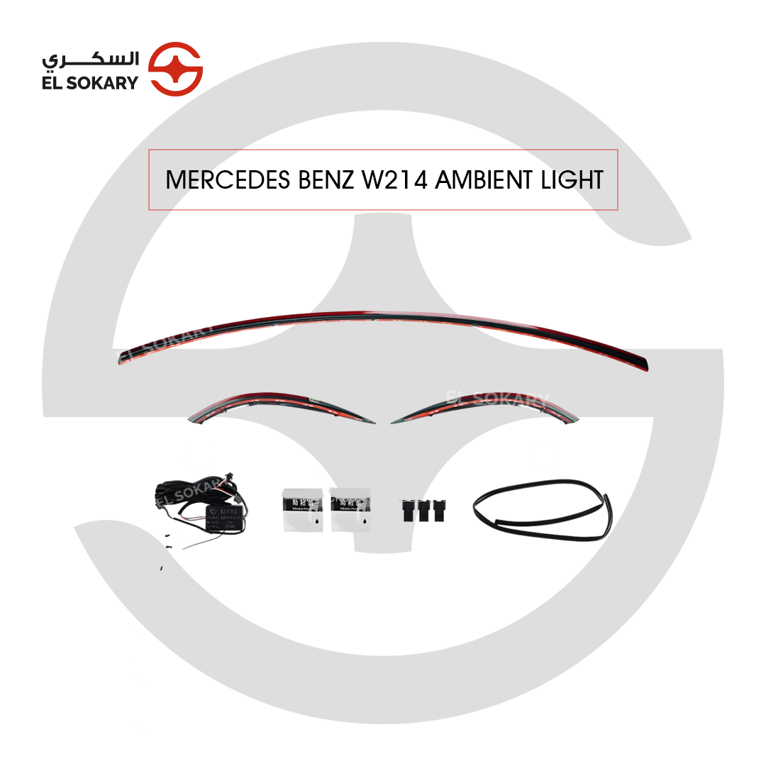 Main Image: Mercedes-Benz W214 trunk through tail lights 4-piece kit with wiring and modules.
 
 Detail Image: Luxury LED star-pattern tail light upgrade for Mercedes E-Class W214.