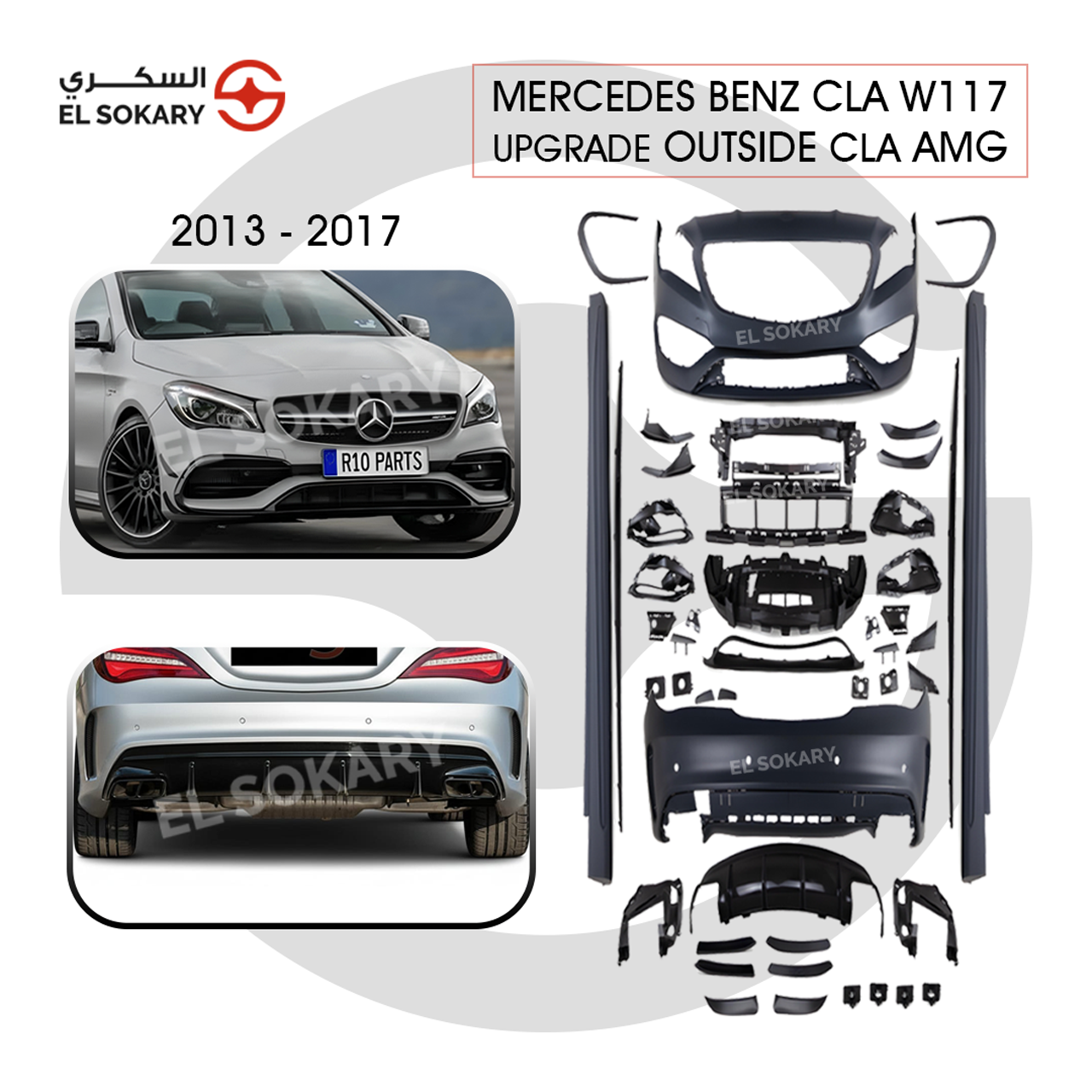 Comprehensive Mercedes-Benz CLA W117 AMG-style body conversion kit for 2013–2017 models, including front and rear bumpers, side skirts, diffuser, and various aerodynamic trim pieces.