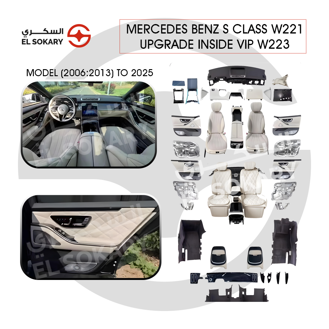 Main Image: Mercedes W221 to W223 full interior kit with VIP rear seats and digital vertical screen.
 
 Detail Image: Luxury W221 cabin conversion featuring W223 style console LED and turbine air vents.