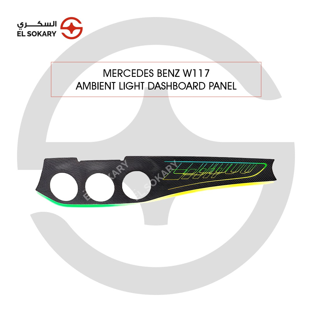A Mercedes-Benz W117 dashboard panel featuring a carbon fiber texture and a vibrant, multi-color LED illuminated graphic on the passenger side.