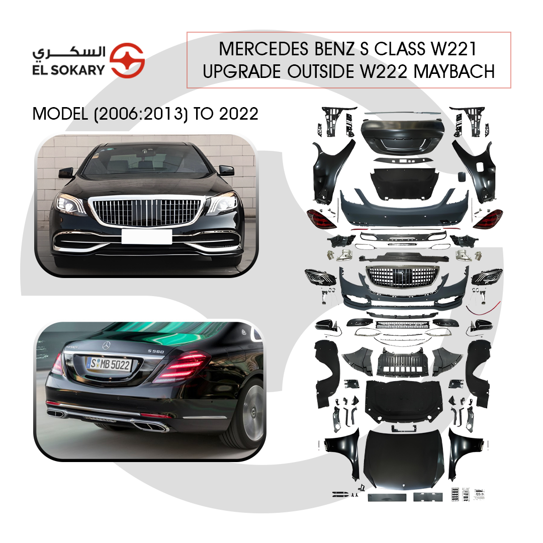 Main Image: Full Mercedes W221 to W222 Maybach style body conversion kit with all components.
 
 Detail Image: Mercedes S-Class W221 face-lift to W222 Maybach with LED headlights and chrome grille.