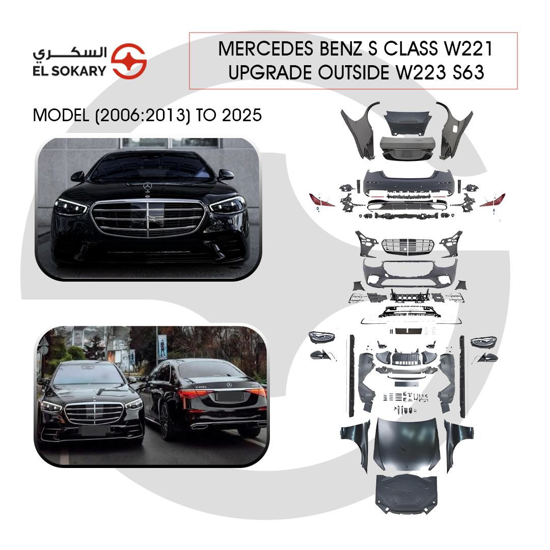Main Image: Complete W221 to W223 AMG style body conversion kit components.
 
 Detail Image: Mercedes S-Class W221 face-lift to W223 with AMG grille and luxury bumpers.