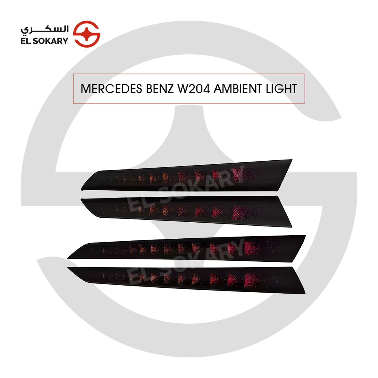 Four-piece set of Mercedes-Benz W204 interior ambient lighting panels for door and dash trim, showing a high-gloss black finish with glowing red LED gradient patterns.