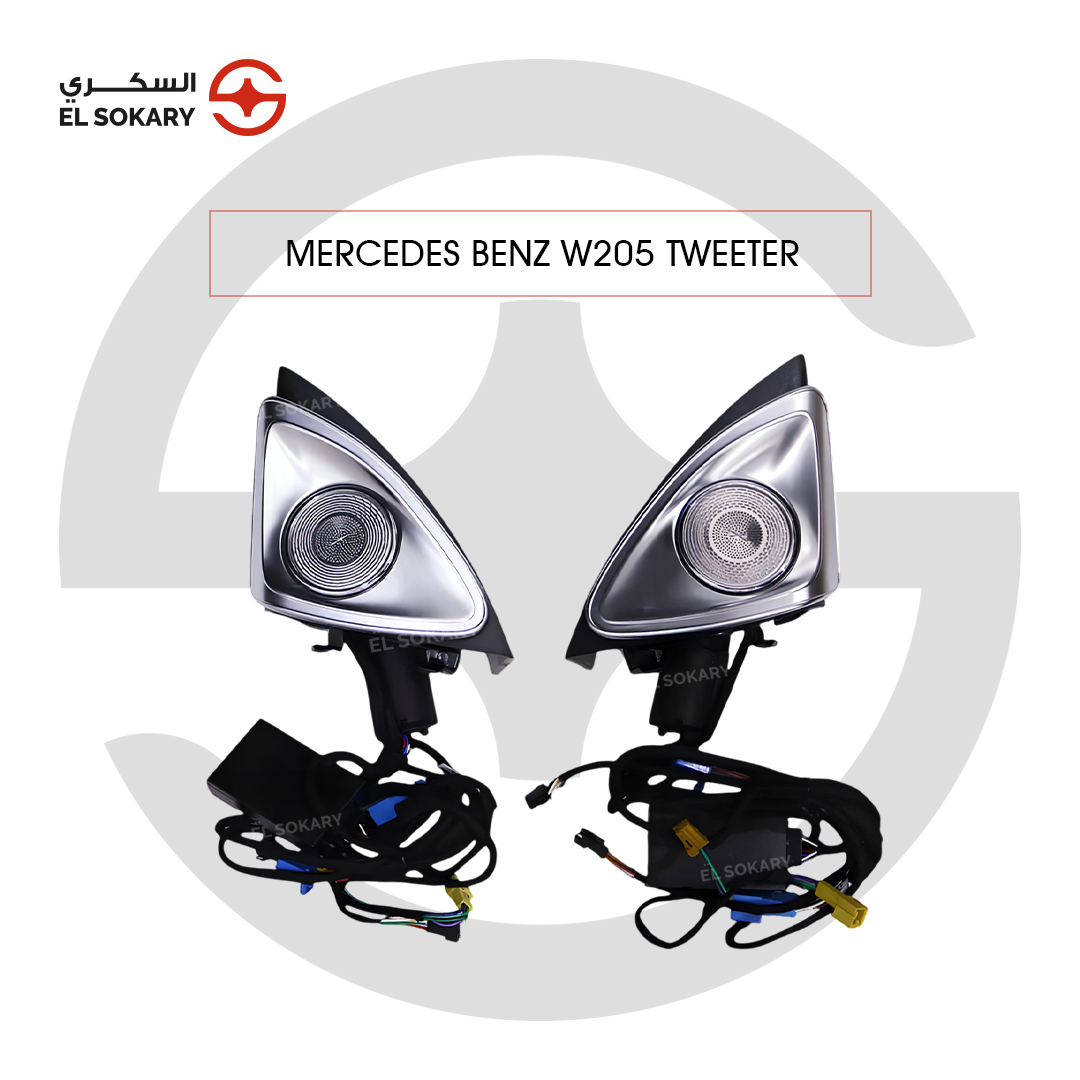A pair of Mercedes-Benz W205 3D New-Style rotating tweeters with polished silver grilles and vibrant pink illuminated LED rings