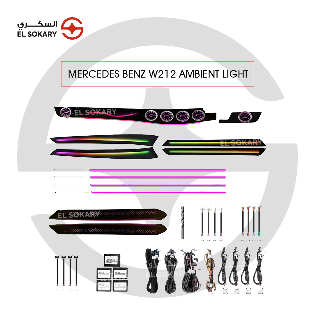 Main Image: Multi-color LED ambient lighting system installed in Mercedes-Benz W212.
 
 Detail Image: Interior door ambient light trim for Mercedes E-Class.