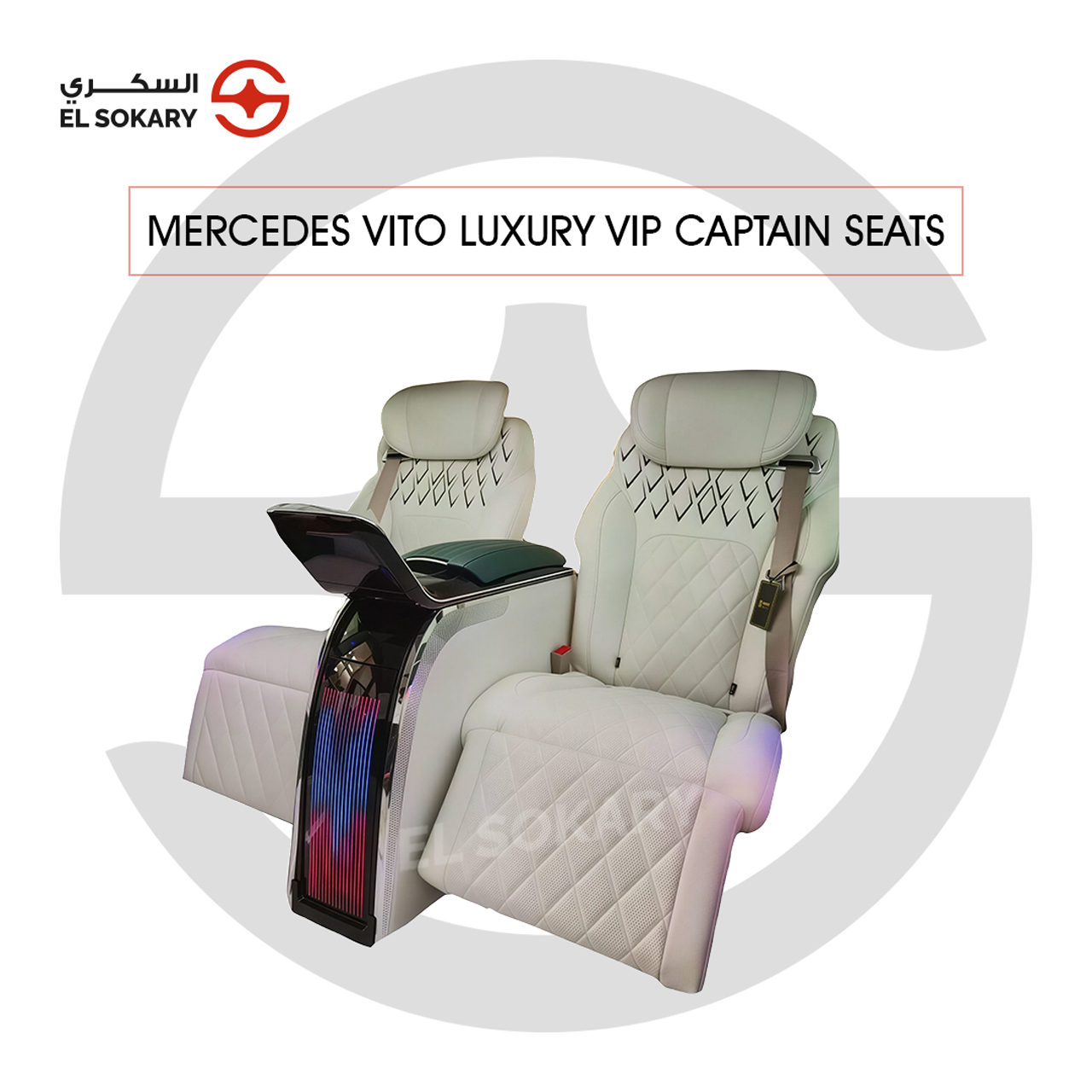 A black leather VIP captain seat with diamond quilting designed for a Mercedes-Benz Vito luxury van interior conversion.