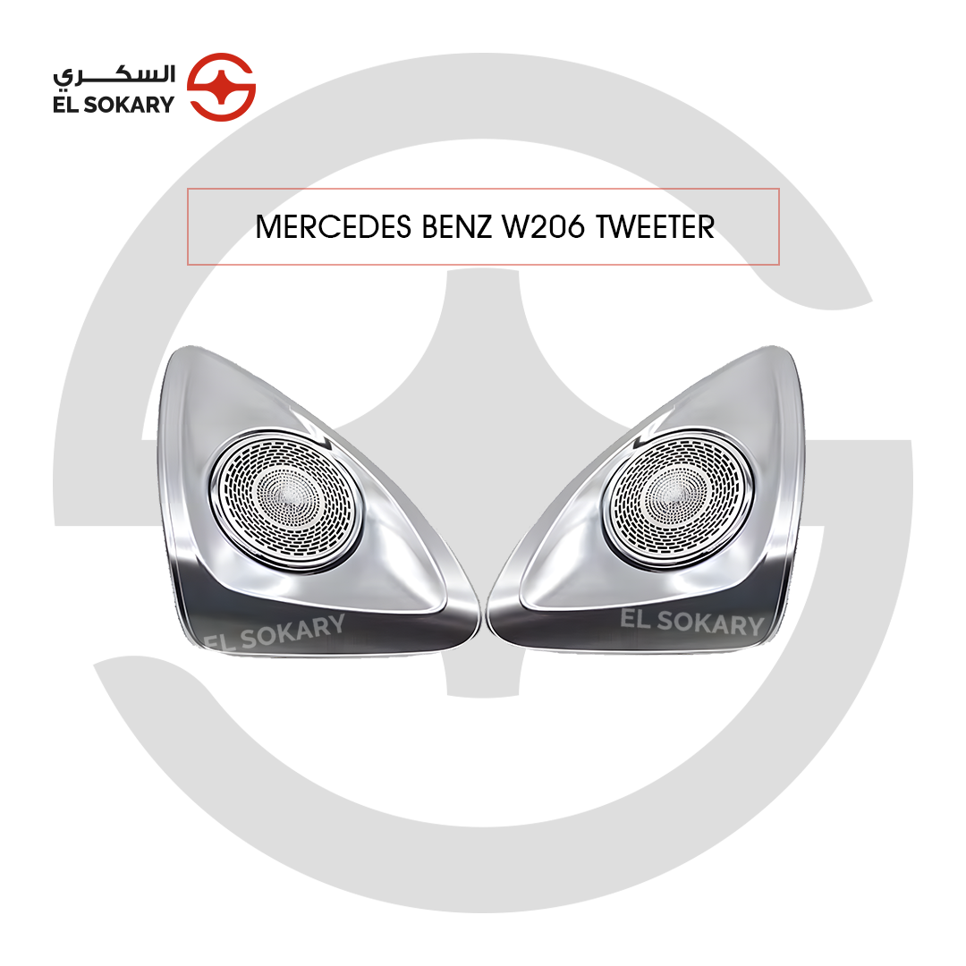 Set of two Mercedes-Benz W206 4D rotating tweeters featuring a polished chrome Burmester-style perforated grille and integrated wiring for ambient light synchronization.