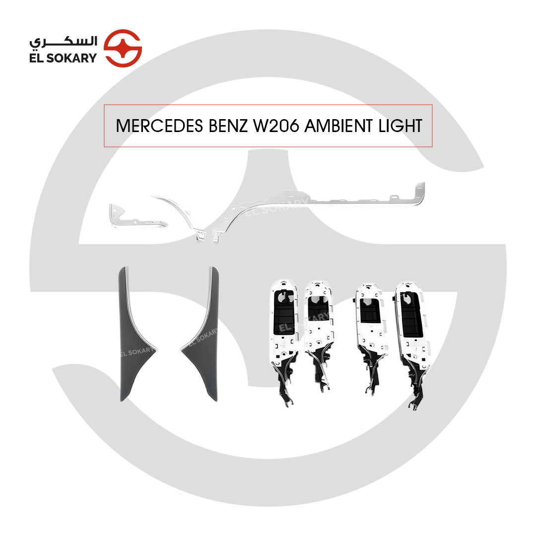 Mercedes-Benz W206 interior ambient lighting extension kit showing LED light strips for the dashboard and illuminated trim components for four door panels on a branded background.