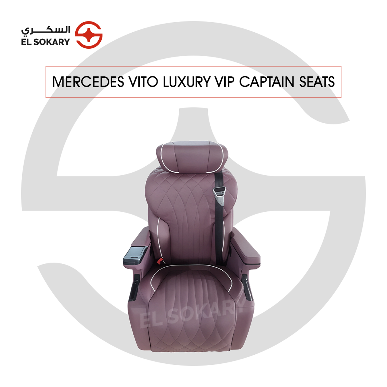 A black leather VIP captain seat with diamond quilting designed for a Mercedes-Benz Vito luxury van interior conversion.