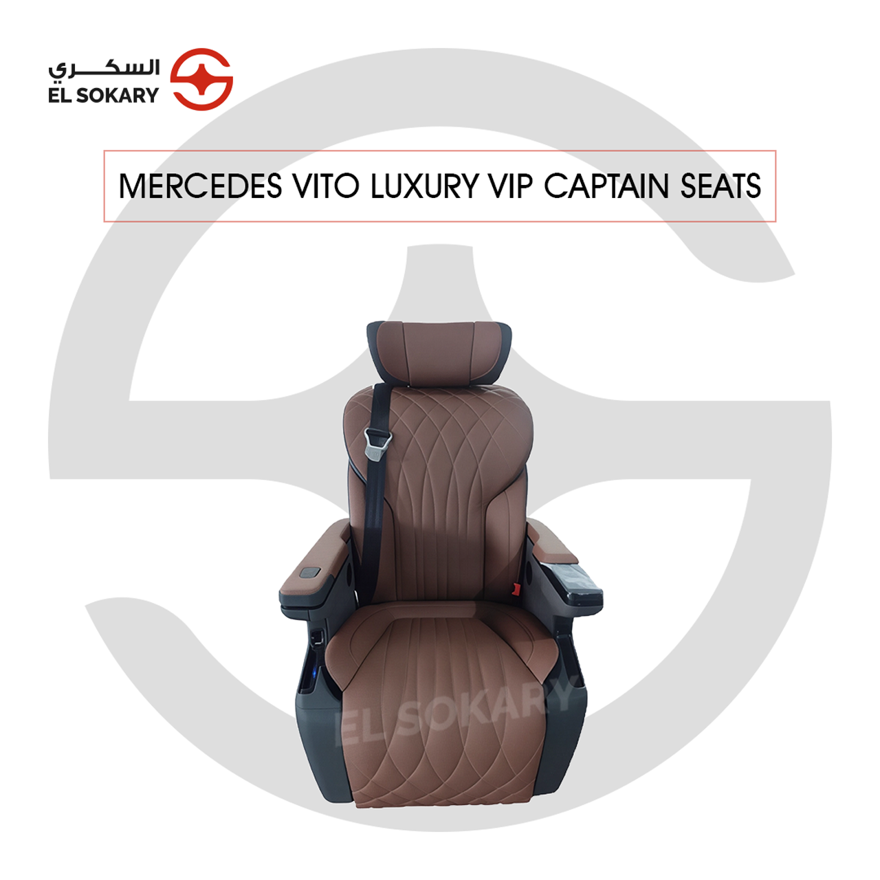 A black leather VIP captain seat with diamond quilting designed for a Mercedes-Benz Vito luxury van interior conversion.