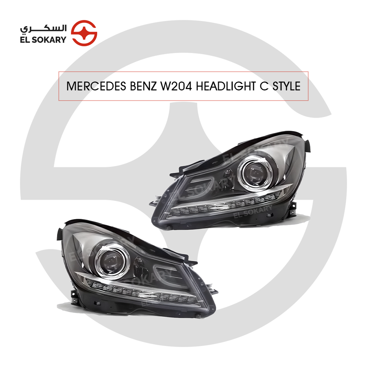 A pair of Mercedes-Benz W204 C-Style headlights featuring a signature bottom-mounted LED light bar, large projector lenses, and a mix of chrome and black internal housing.