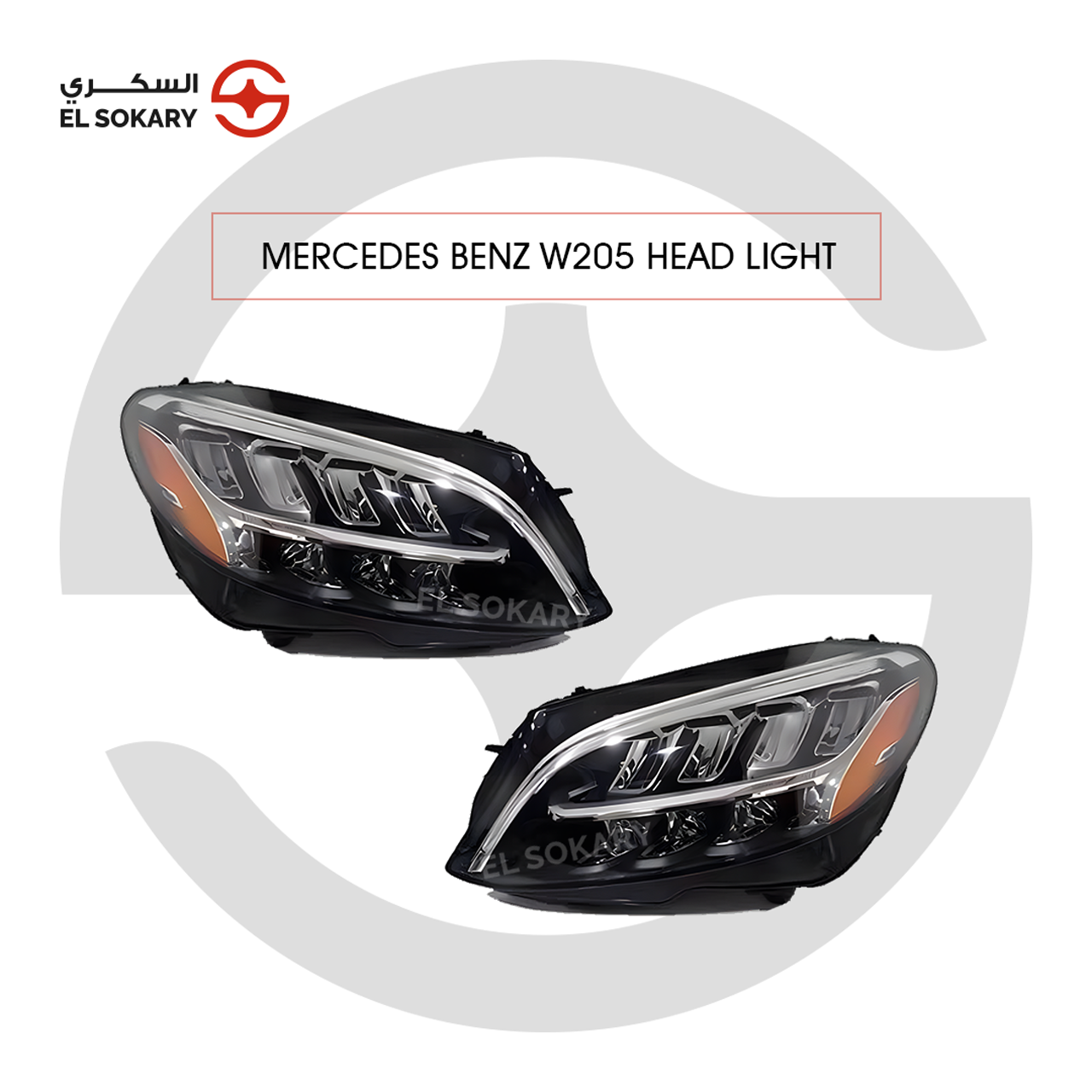 Set of two high-performance Mercedes-Benz W205 C-Class (2015–2019) LED headlights featuring clear multi-projector lenses and integrated signature LED daytime running light strips.