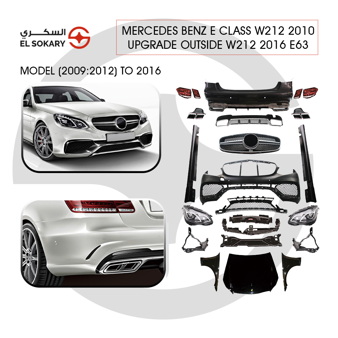 Main Image: Mercedes W212 full body kit conversion from 2010 style to 2014 facelift.
 
 Front Image: Mercedes E-Class W212 facelift front bumper and LED headlights upgrade.
 
 Rear Image: W212 facelift rear conversion with dual exhaust tips and LED lamps.