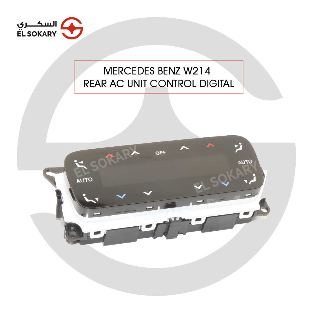 Main Image: Mercedes-Benz W214 style rear digital climate control touch panel and harness.
 
 Detail Image: Luxury touchscreen air conditioning controller for Mercedes rear passengers.