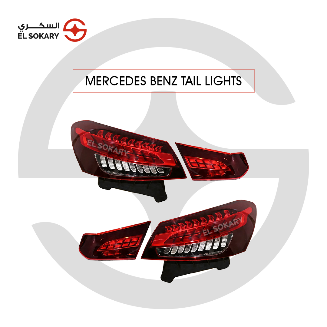 Main Image: Mercedes W213 rear taillight conversion kit 2017 to 2023 facelift style.
 
 Detail Image: Modern LED triangular signature taillights for Mercedes-Benz E-Class upgrade.