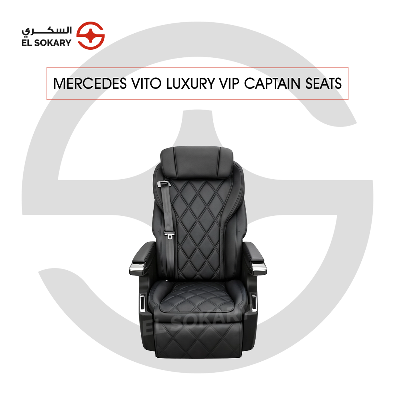 A black leather VIP captain seat with diamond quilting designed for a Mercedes-Benz Vito luxury van interior conversion.