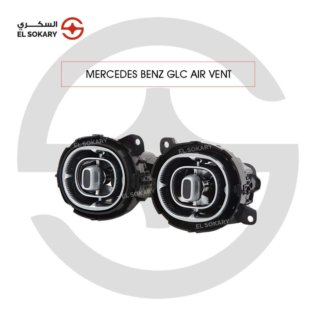 Mercedes-Benz GLC turbine-style circular air vents with chrome trim and integrated ambient lighting capability, shown in a professional product layout.