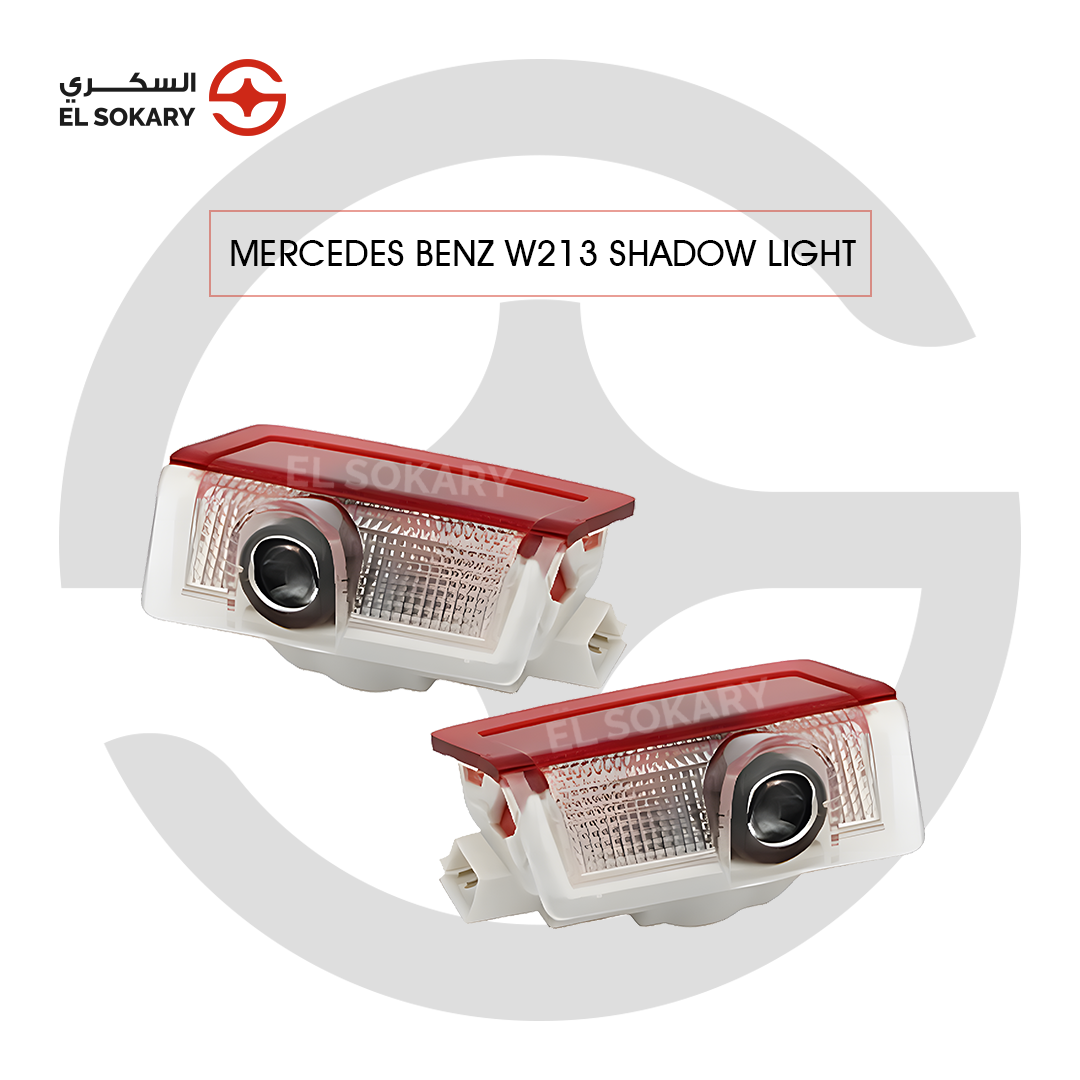 Mercedes-Benz W213 LED ghost shadow door projector lights featuring red and clear plastic housing with a high-definition projector lens.