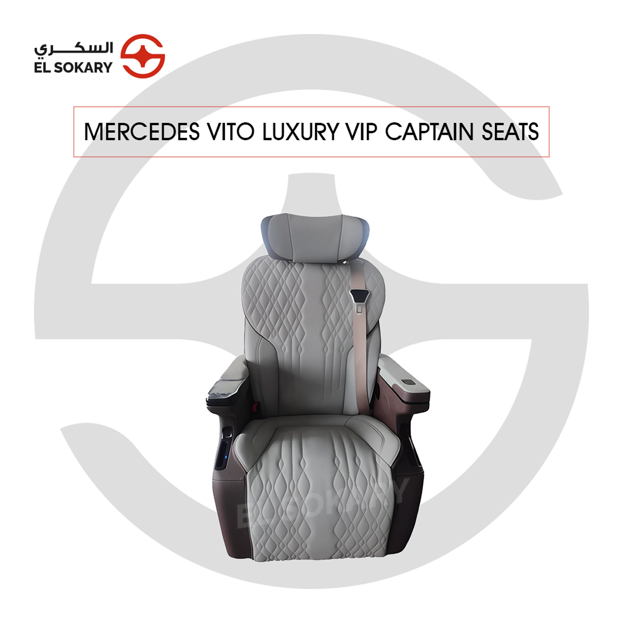 A black leather VIP captain seat with diamond quilting designed for a Mercedes-Benz Vito luxury van interior conversion.