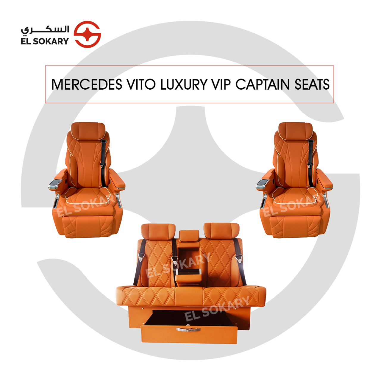 A black leather VIP captain seat with diamond quilting designed for a Mercedes-Benz Vito luxury van interior conversion.