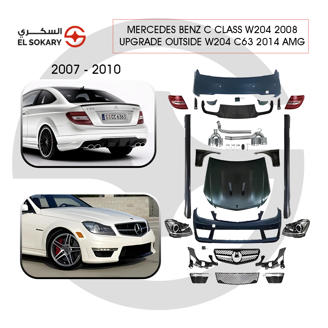 Exploded view of a Mercedes-Benz W204 2007-2010 to 2014 C63 AMG conversion body kit including front and rear bumpers, vented hood, side skirts, headlights, taillights, and quad exhaust system.