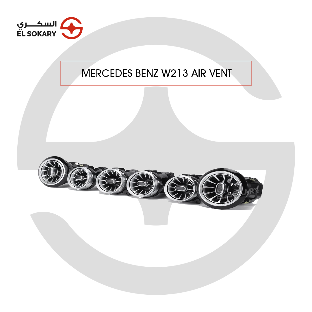 A specialized dual rear turbine air vent unit for the Mercedes-Benz W213, featuring a silver chrome finish and integrated ambient lighting capability.