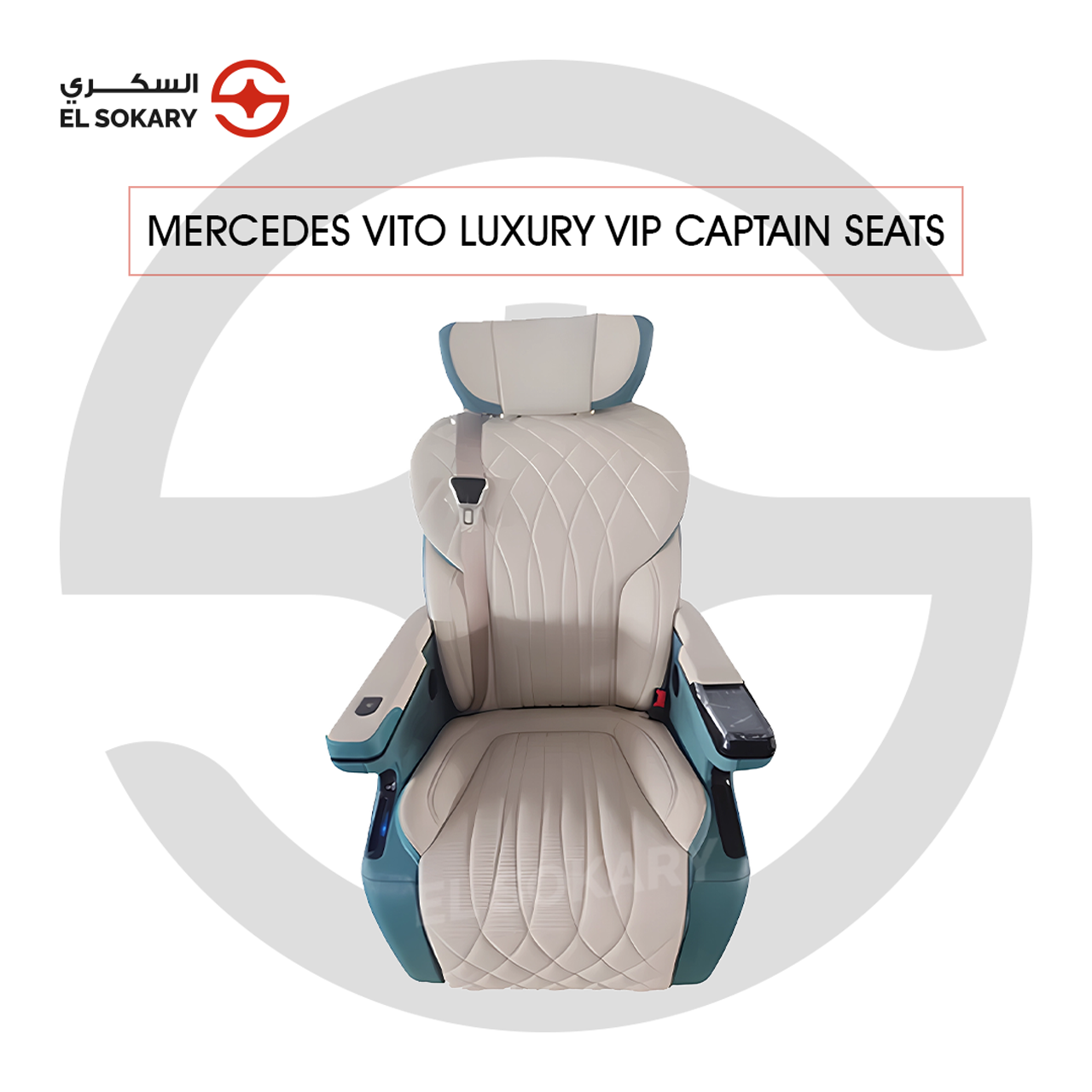 A black leather VIP captain seat with diamond quilting designed for a Mercedes-Benz Vito luxury van interior conversion.