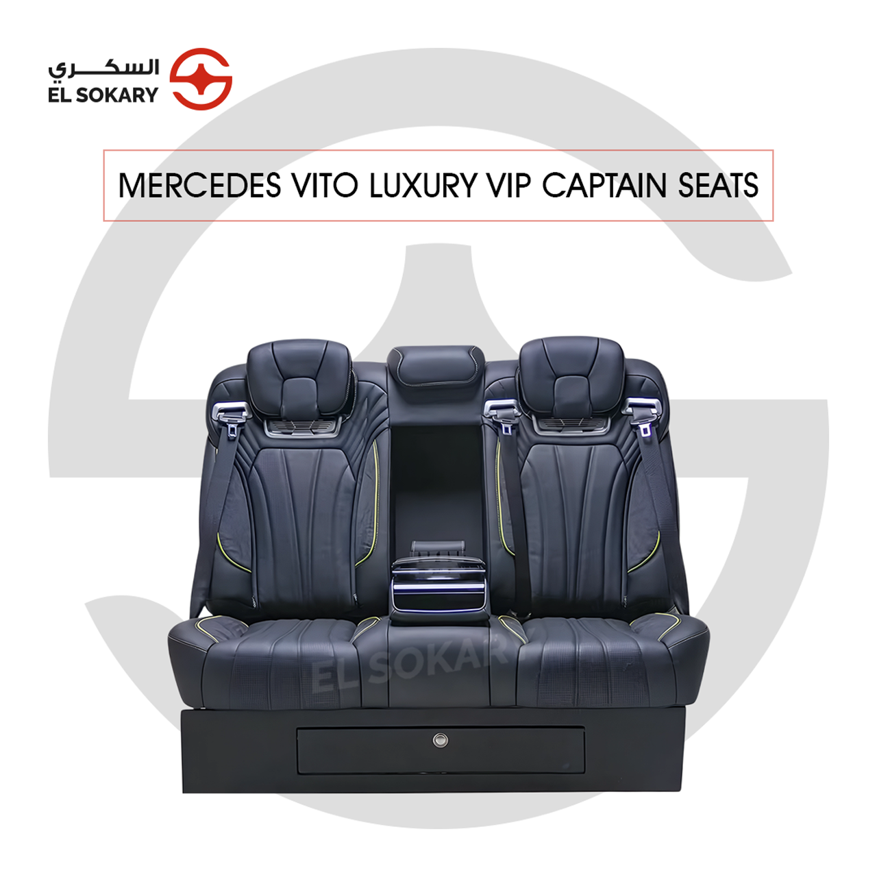 A black leather VIP captain seat with diamond quilting designed for a Mercedes-Benz Vito luxury van interior conversion.