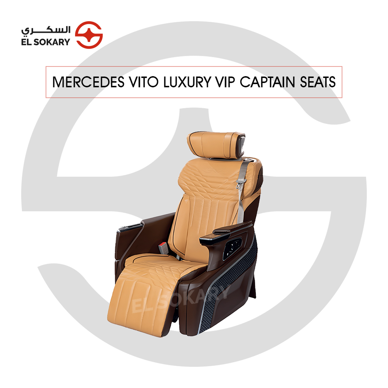 A black leather VIP captain seat with diamond quilting designed for a Mercedes-Benz Vito luxury van interior conversion.