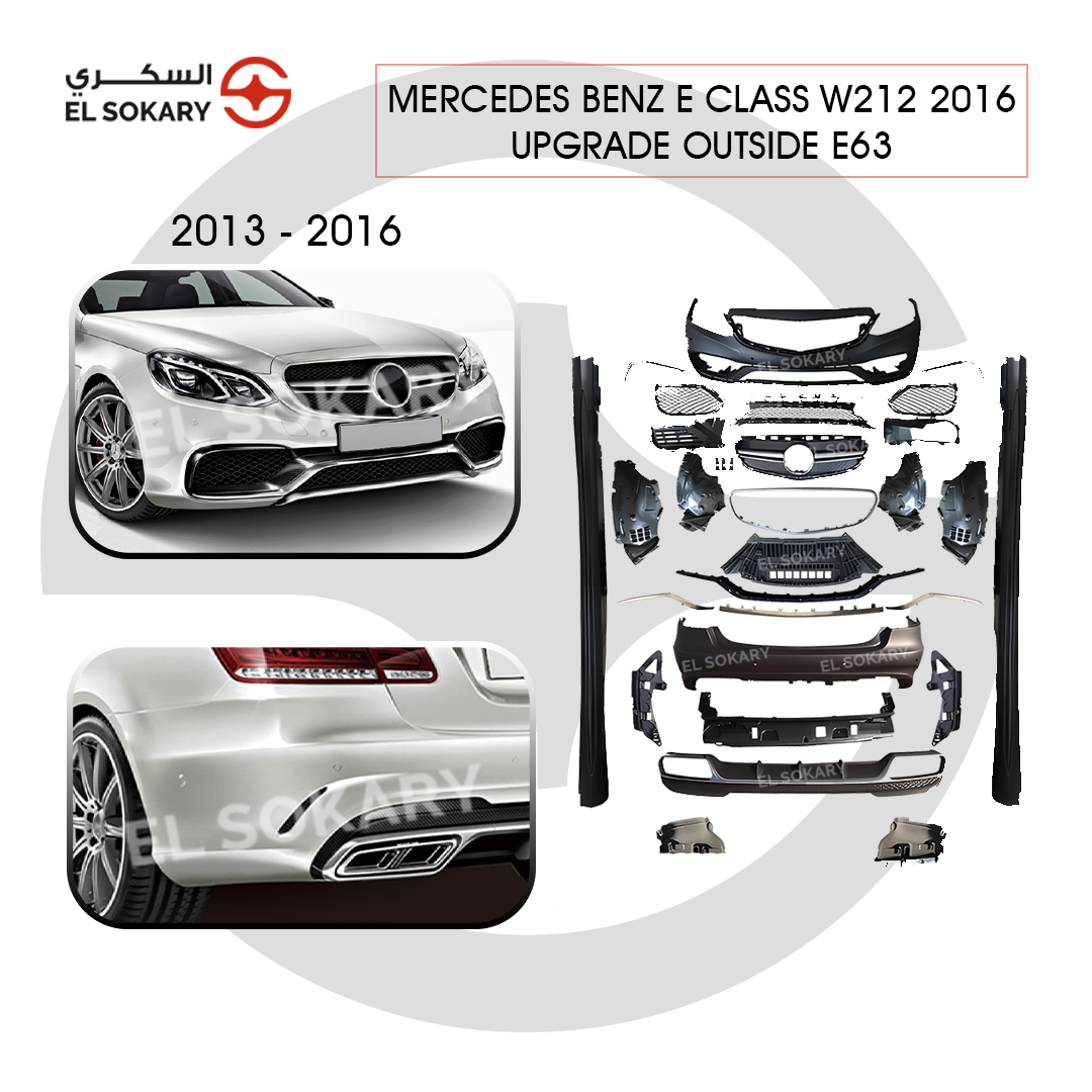Main Image: Mercedes W212 facelift to E63 AMG style full body kit conversion.
 
 Front Image: Aggressive E63 AMG front bumper upgrade for Mercedes W212 facelift.
 
 Rear Image: W212 AMG style rear diffuser with quad exhaust tips.