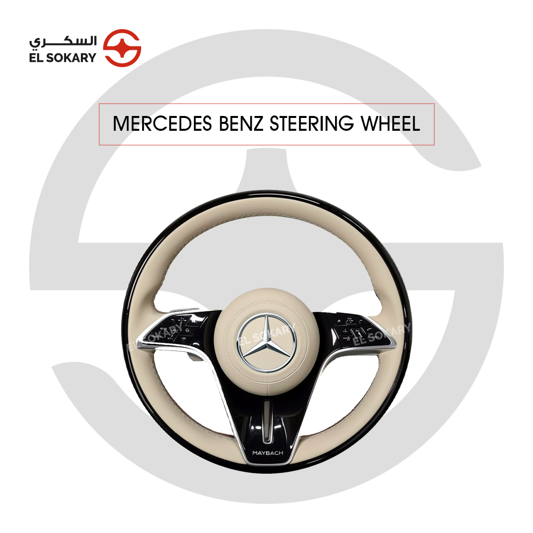 Main Image: Upgraded Maybach style steering wheel for Mercedes W221 with wood and leather.
 
 Detail Image: Close-up of modern multi-function buttons on W221 retrofit steering wheel.