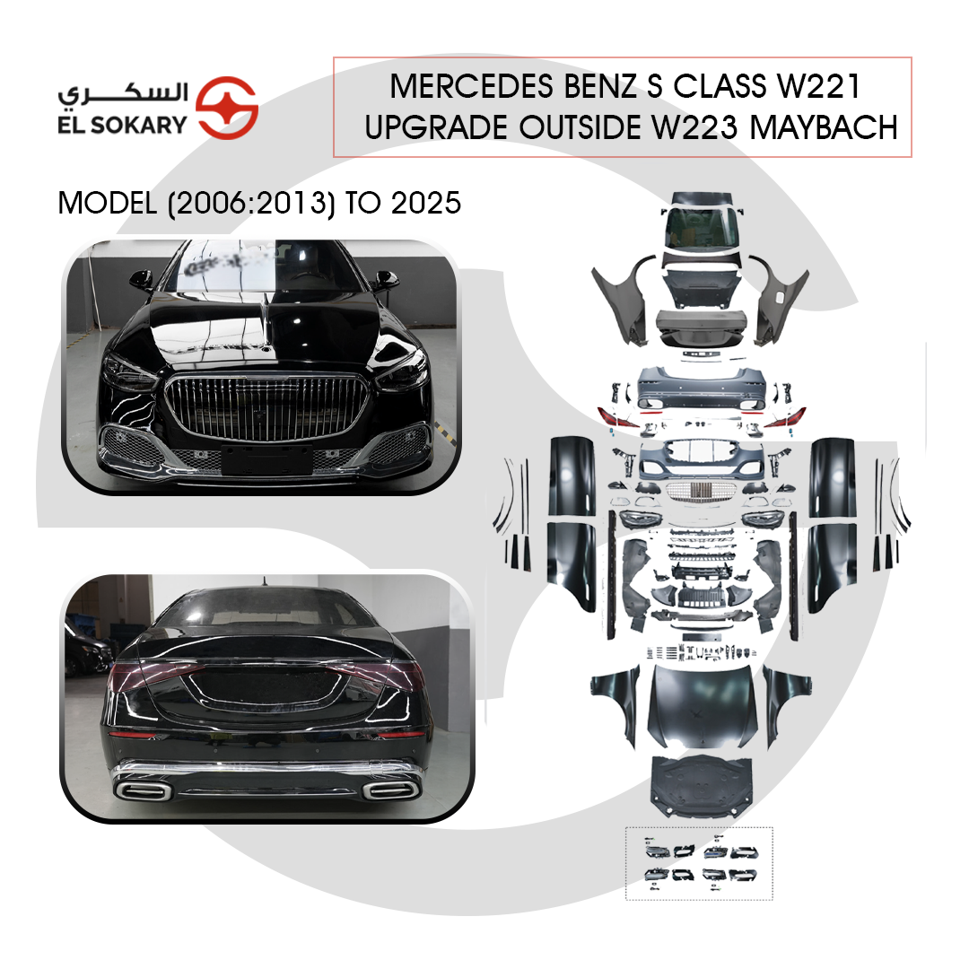 Main Image: Full Mercedes W221 to W223 Maybach conversion kit with electric flush door handles.
 
 Detail Image: W221 face-lift to W223 Maybach style exterior body kit and luxury LED lighting.