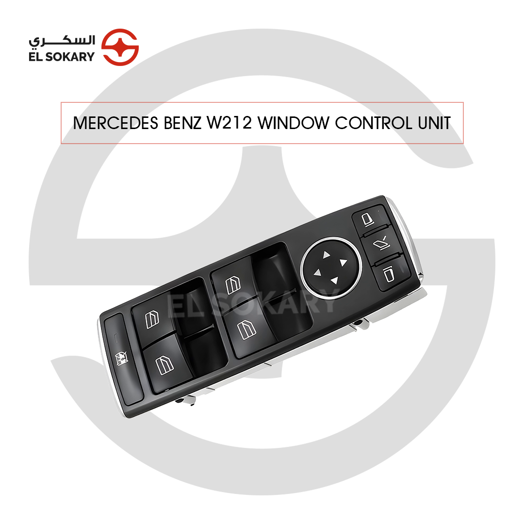 Driver-side master window control unit for a Mercedes-Benz W212, featuring chrome-accented window switches, a mirror adjustment pad, and a window lockout button.